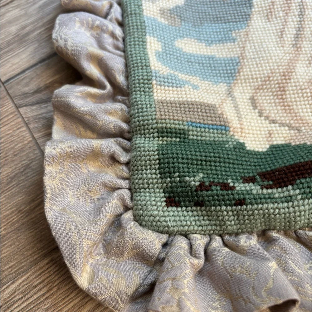 Custom Wool Needlepoint Pillow Cover Sham Grandma Cottagecore Ruffle Trim 20x16”